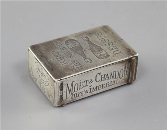 A late Victorian silver Moet & Chandon case advertising vesta case, 1.5in